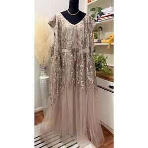 5X Plus Size Champagne Sequin Tulle Formal Dress | Wedding Guest Evening Gown